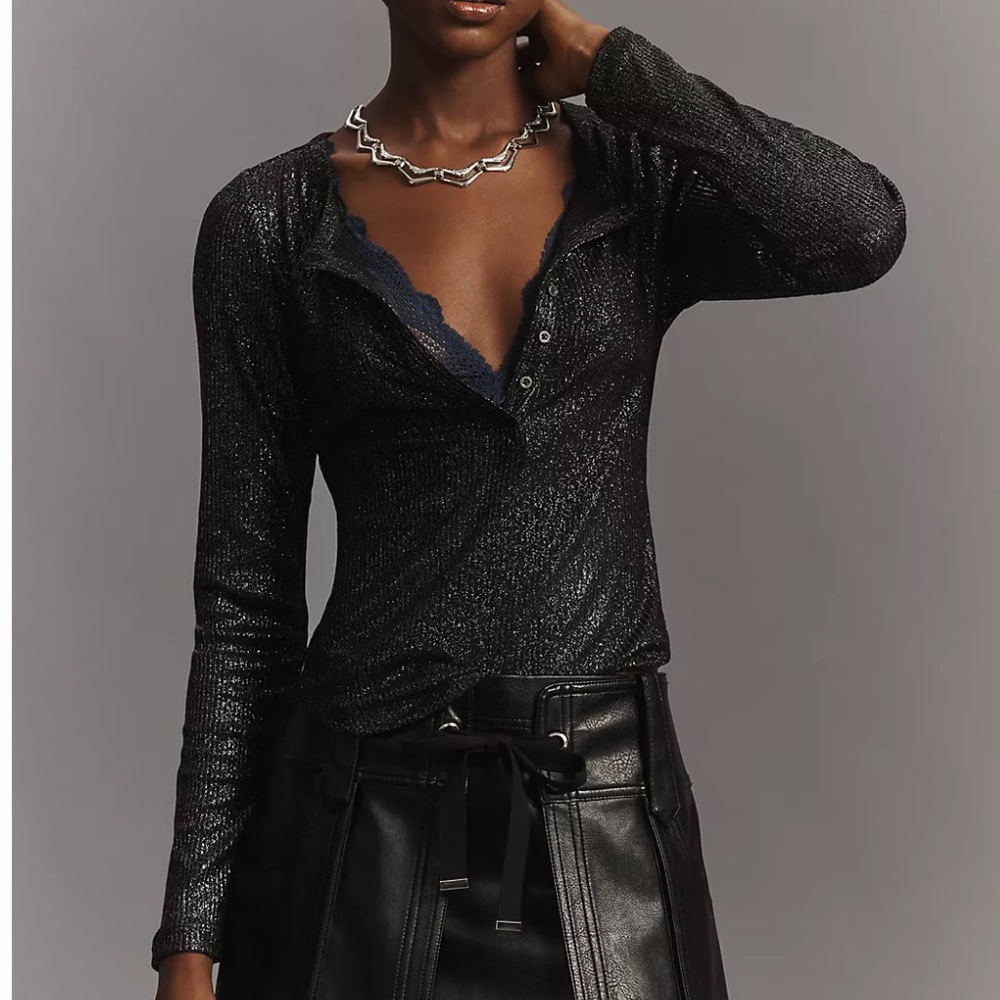 NWT Pilcro Shimmering Black Long Sleeve Henley